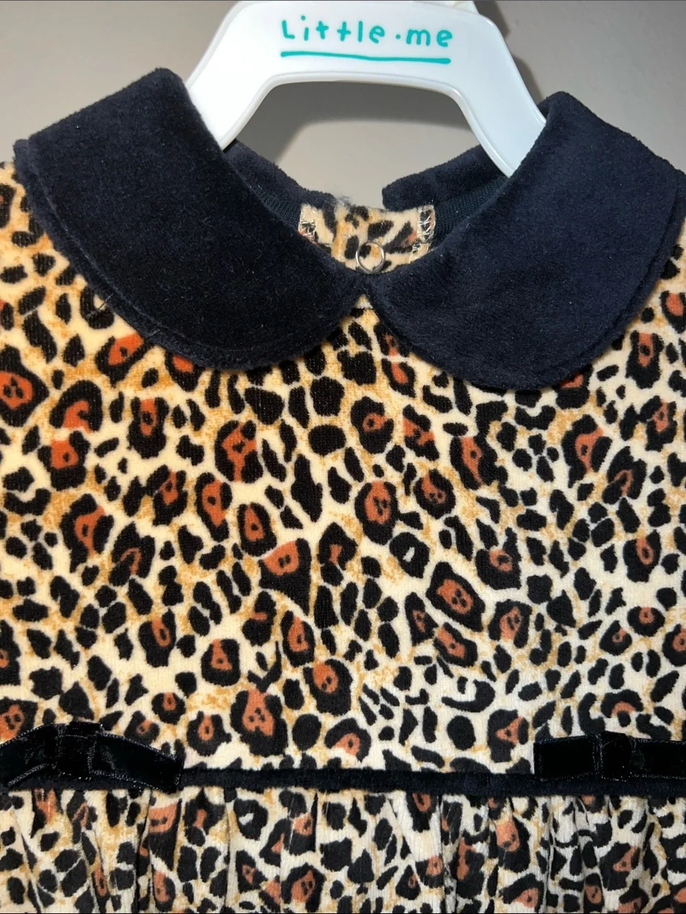 Little Me Leopard Velour Footed One-Piece with Black Collar
